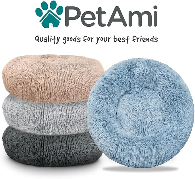 PetAmi Calming Dog Bed for Small Medium Dog Cat, Round Donut Dog Bed Washable, Fluffy Faux Fur Plush Cuddler Pet Kitten Cushion Bed, Anti-Slip, Fits up to 45 lbs, 30 inch, Taupe