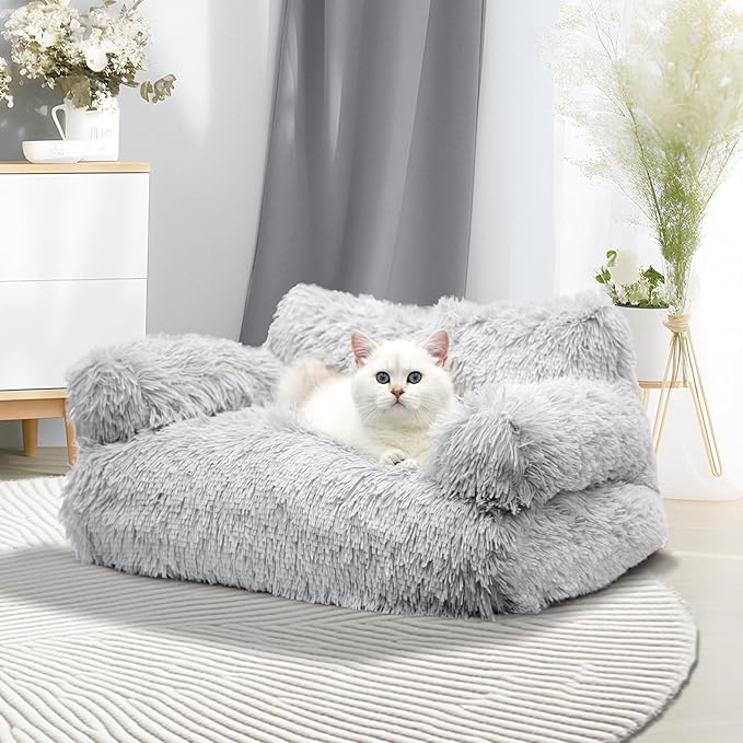 Cat Couch Bed for Indoor Cats, Calming Pet Sofa Puppy Sleeping Bed with Removable Washable Cover, Cute Dog Couch and Kitty Lounge Chair for 18lbs Cat & Small Dog(Plush Gray)