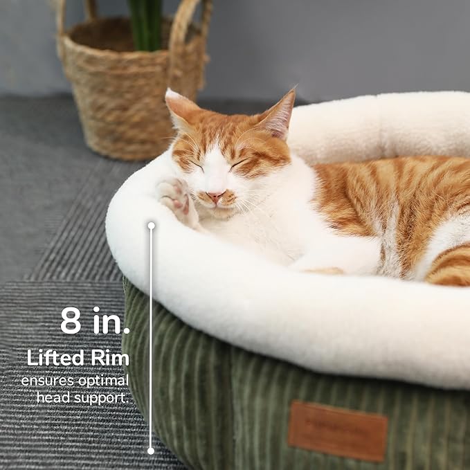 FUKUMARU Cat Bed, Washable Round Cat Beds for Indoor Cats, Soft Fluffy Pet Bed for Cats and Puppy, Corduroy Cute Small Dog Beds, Green