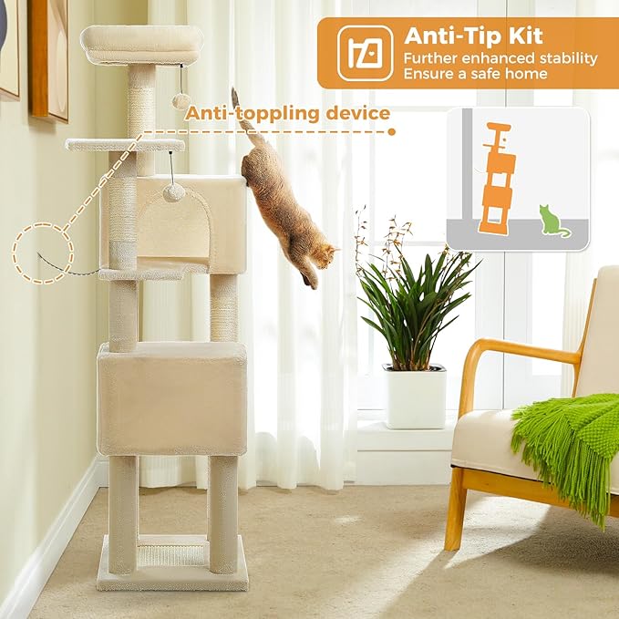 PAWZ Road Cat Tree Tower 62 Inches Cat Tree with 2 Condos,2 Large Perch,4 Scratching Posts & 1 Scratching Board, and 2 Hanging Balls for Indoor Cats-Beige
