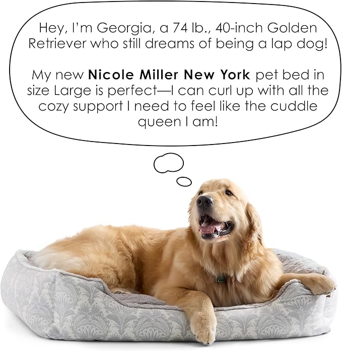 Nicole Miller New York PET Mod Damask Plushy Bolster Pet Bed, Cozy & Calming, Non-Slip Bottom, Machine Washable Cover, Taupe, Large 35"x28"x8"