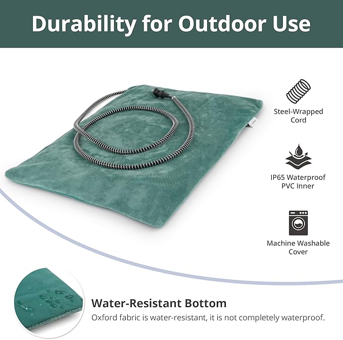 Outdoor Heated Cat Bed, Soft Pet Heating Pad with Steel-Wrapped Cord, Outside Pet Warmer for Feral Cats and Dogs, 27.5" x 15.7", 50 Watts