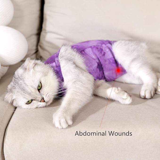 Cat Recovery Suit for Male and Female Surgical Post Surgery Soft Cone Onesie Tie Dye Cats Shirt Clothes Neuter Licking Protective Diapers Outfit Cover Kitten Spay Collar Alternative(Purple, M)
