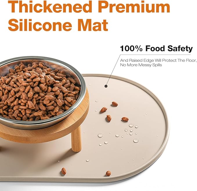 Elevated Cat Bowls with Food Mat,6.3 Inches Shallow Raised Bowls Whisker Friendly,2 Stainless Steel Cat Food and Water Dishes for Cats and Puppies,Dishwasher Safe