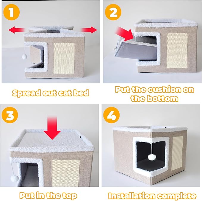 Cat Bed for Indoor Cats Cube House,Large Covered Cat Beds Cave & Furniture with Fluffy Ball and Scratch Pad Foldable Hideaway Nest & Condo with Washable Mat for Kitten Kitty Small Pet(Beige)