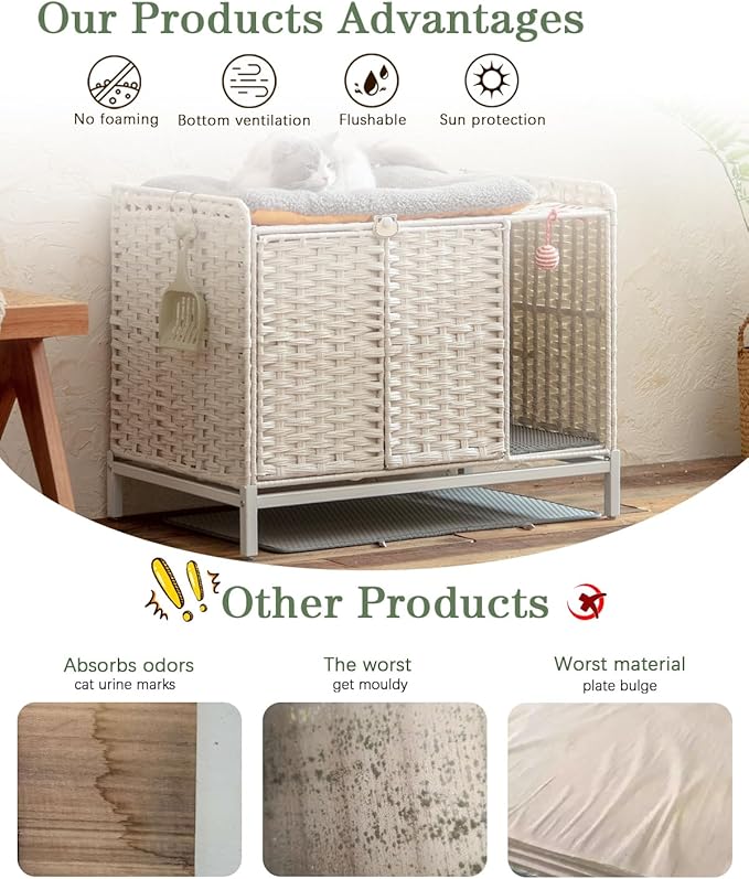 Cat Litter Box Enclosure Furniture with Divider, Handwoven Rattan Litter Box with Mat, 31.2 x 19.6 x 24.2 Inches, Metal Heightened Feet, Hidden Cat House for Living Room, Bedroom (White)
