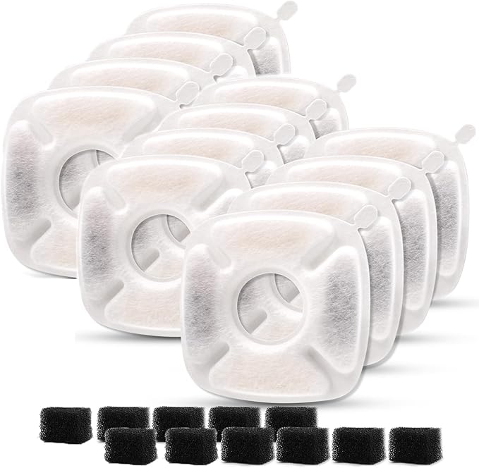 Pet Fountain Filters Replacement Compatible with 95Oz/2.8L Dog Water Fountain, Cat Water (12 Carbon filters+12 Sponge filters)