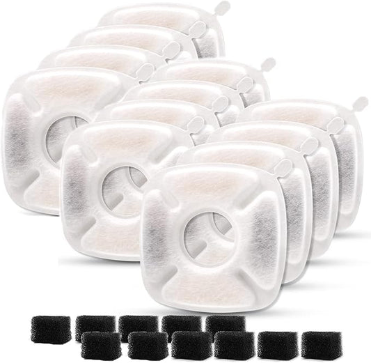 Pet Fountain Filters Replacement Compatible with 95Oz/2.8L Dog Water Fountain, Cat Water (12 Carbon filters+12 Sponge filters)