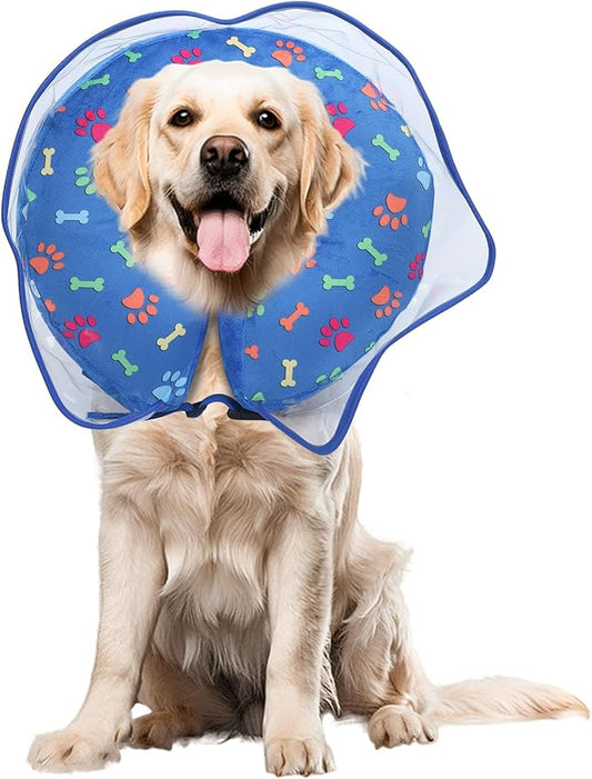 Inflatable Dog Cone Collar, Adjustable Size Soft PVC 2-in-1 Dog Donut Collar After Surgery with Detachable, Inflatable Collar for Small Medium Large Dogs and Cats (Blue, Medium)
