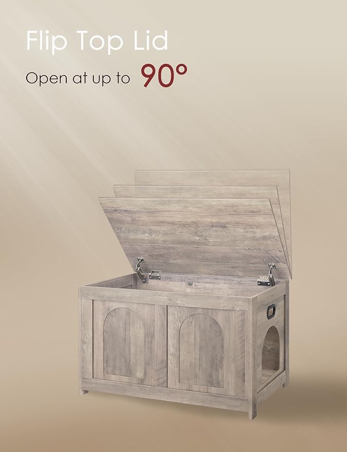 DINZI LVJ Cat Litter Box Enclosure, Flip Top Litter Box Furniture, Farmhouse Hidden Cat Washroom, Wooden Pet House, End Side Table, 31.5" L x 19.7" W x 19.7" H, Sturdy and Easy to Assemble, Greige