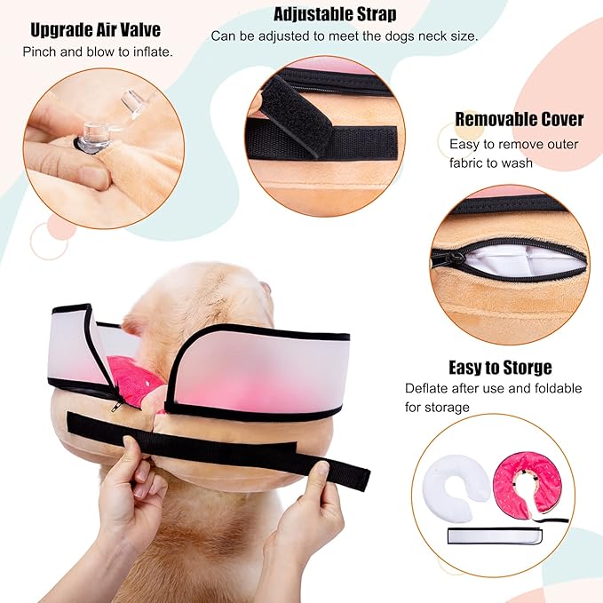 Inflatable Dog Cone Collar with Enhanced Anti-Licking, Soft Neck Donut for Dogs Cats, Recovery Pet Cone Collar After Surgery for Large Medium Small Dogs… (Donut Pink, Medium+)