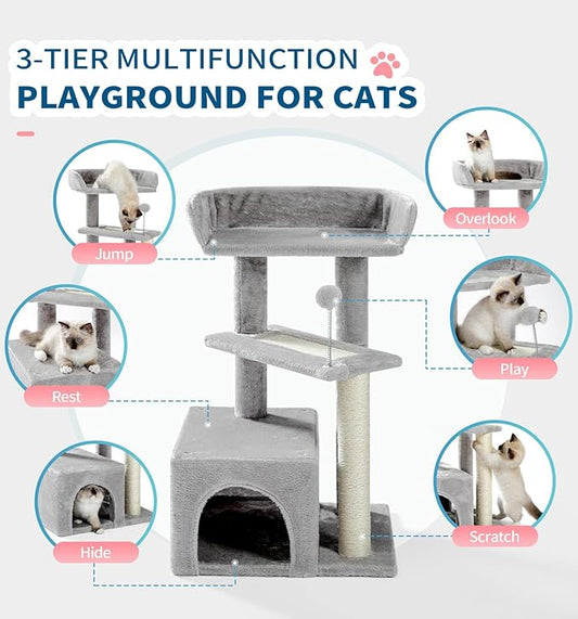 Made4Pets Cat Tree, Carpet Cat Tower Grey for Indoors Cats, Cute Wood Kitty Condo with Scratching Post and Pad, 29" Multi-Level Modern Activity Climbing Furniture for Small and Medium Cats