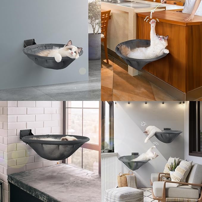 Cat Hammock Wall Mounted, Foldable & Stable Cat Beds- Breathable Cat Wall Shelves for Sleeping, Playing, Climbing, and Lounging - Maximum Hold Up to 30lb (Gray)