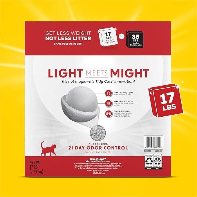 Purina Tidy Cats LightWeight 24/7 Performance Odor control, Multi-Cat, Clumping, 99.9 Percent Dust Free Cat Litter - 17 lb. Box