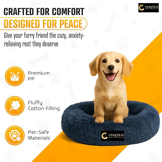 Anti-Anxiety Donut Pet Bed, Round Plush Faux Fur, Washable, Deep Blue, Small to Medium Dogs and Cats (Deep Blue, Large)