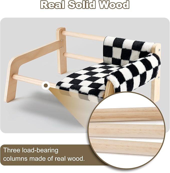 Elevated Cat Couch Bed for Indoor Cats - Wooden Pet Sofa with Removable Washable Thick Cover Raised Kitty Lounge Chair Suitable for Puppy or Small Animals(Cat Sofa Chessboard)