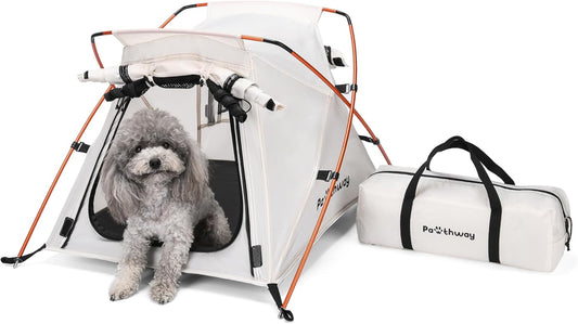 Dog Tent Cat Tent with Aluminum Poles and Camping Mat, Outdoor Waterproof Pet Tent with Zippered Mesh Door, Dog House, Cat House, Pet Playpen, Portable and Collapsible (White, Small)