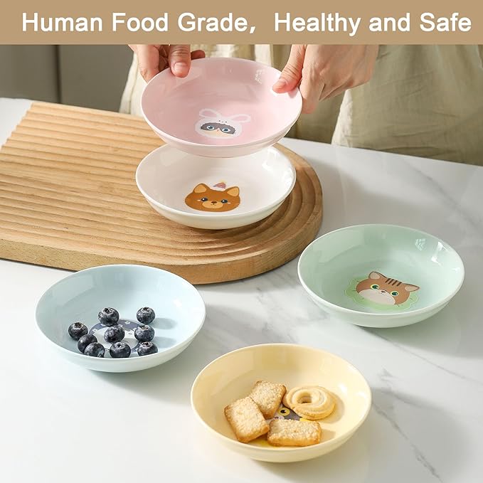 Ceramic Cat Bowls Set - 5.5 inch Cat Food Bowls Whisker Fatigue Friendly, 5 Wide Cats Plates for Wet Food Dry Food Water