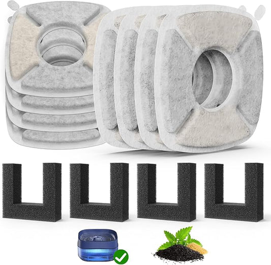 Pet Fountain Filters Replacement Fit for 135oz/4L Dog Water Fountain, 8 Pack Cat Water Fountain Replacement Filters (8 Filters+4 Sponges)