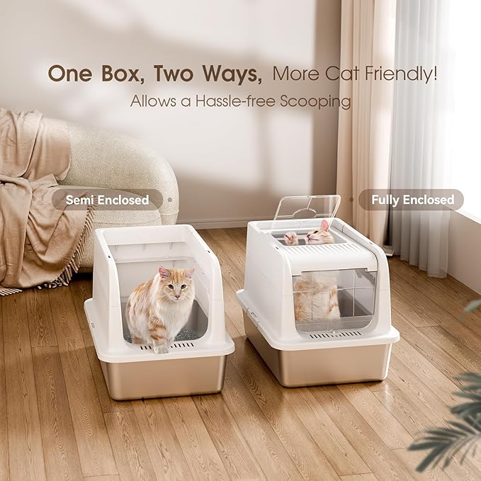 COURPAL® Stainless Steel Cat Litter Box with Lid - XL Large Enclosed/Open Litter Box with Anti Leakage Enclosure - Odor Free Hooded Litter Tray - Metal Covered Litter Pan Non-Stick Easy to Clean