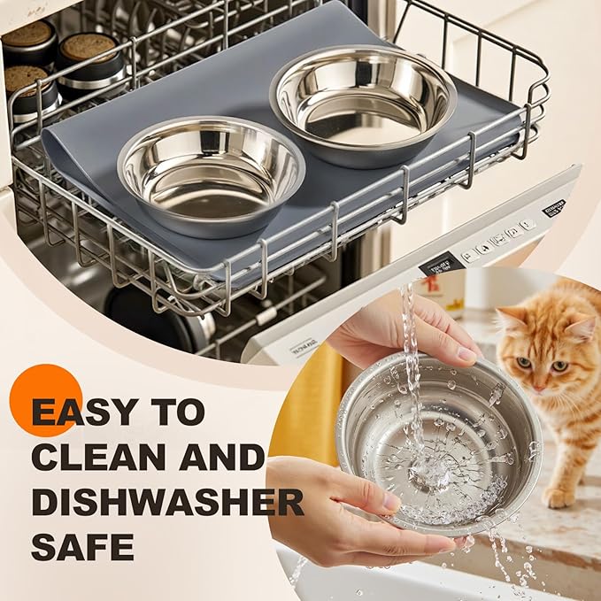 Elevated Cat Food Bowls with Mat Whisker Friendly, 15°Tilted Raised Cat Water Dishes Set for Anti Vomit, Pet Holder Stand Feeding Station for Indoor Kitten and Puppy Dog