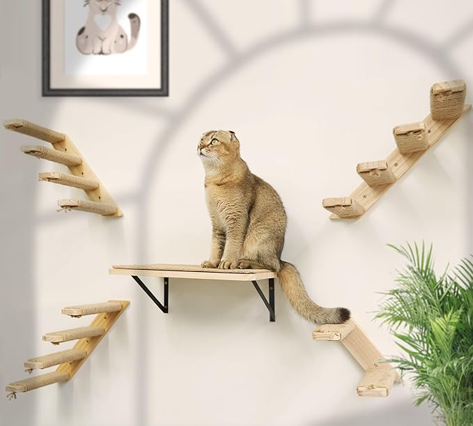 Cat Climbing Stair Shelf Wall Mounted Reversible Left & Right Direction, Cat Stairway Shelf for Climbing with Sisal Rope Ladder Wall Furniture