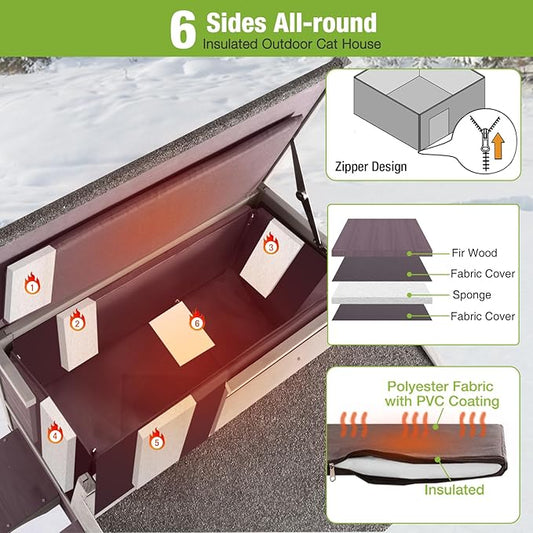 GUTINNEEN Outdoor Cat House Insulated, Weatherproof Cat Shelter with Insulation Liner for Winter, 2-Story Wooden Kitty Condo with Openable Waterproof Asphalt Roof, Elevated Plastic Feet