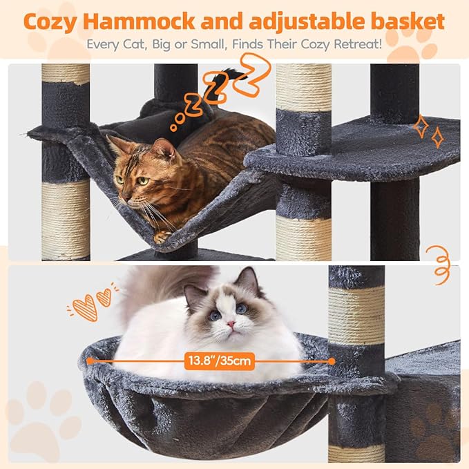 Taoqimiao Large Cat Tree，73-Inch Cat Tree Tower with 9 Scratching Posts for Indoor Cats, 2 Large Cat Condo with Hammock, Hanging Basket, 2 Extended Platform, Smoky Gray MS013XLG