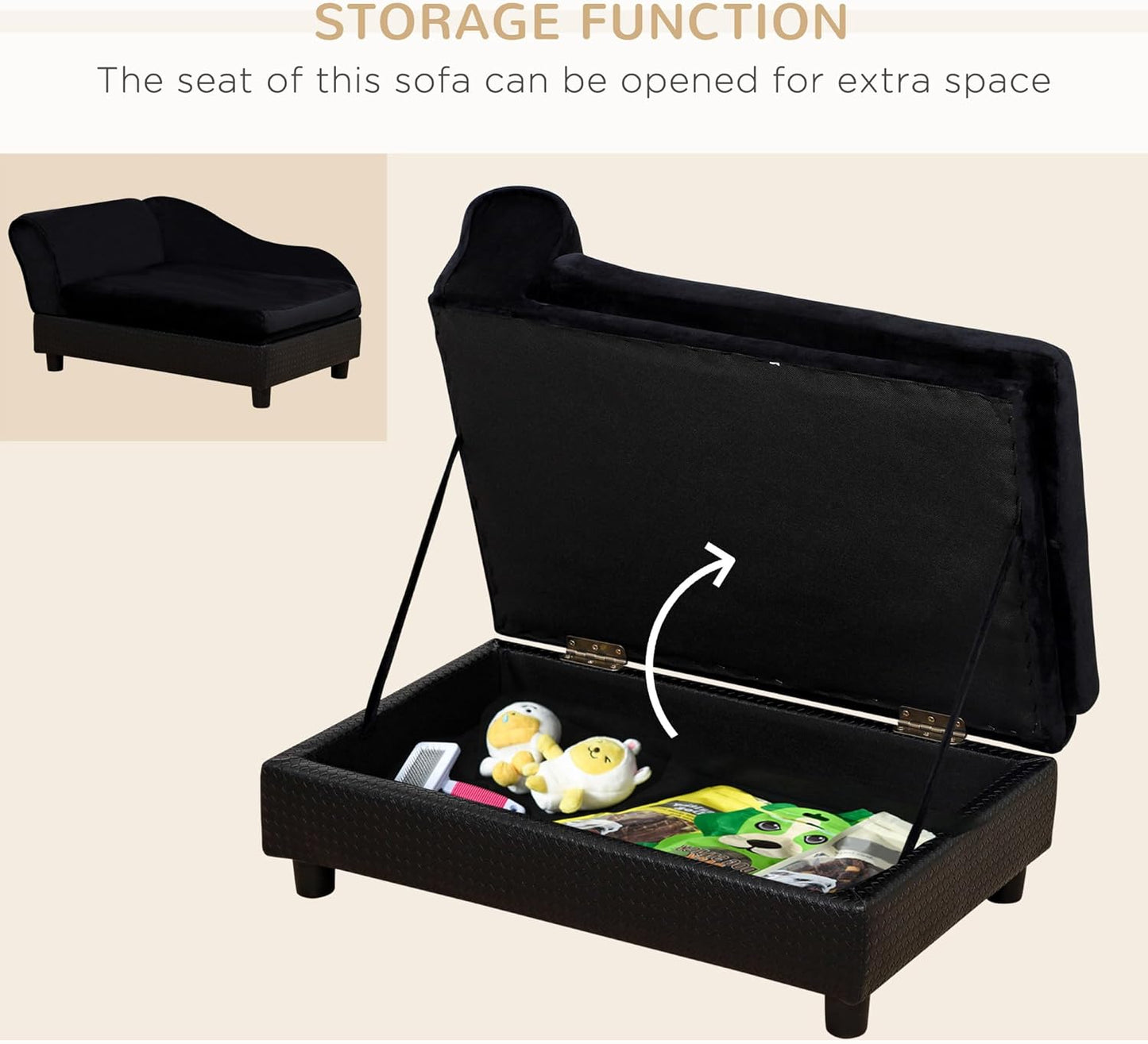 PawHut Luxury Fancy Dog Couch with Hidden Storage, Small Dog Sofa Bed with 2" Soft Foam, Modern Pet Furniture for Puppies & Little Breeds, Black