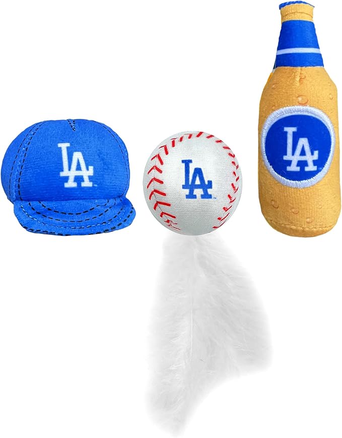 BEST PLUSH CAT TOY MLB LOS ANGELES DODGERS Complete Set of 3 piece Cat Toys filled with Fresh Catnip. Inc: 1 Baseball Cap Cat Toy, 1 Baseball Cat Toy with Feathers & 1 Beer Bottle. Beautiful Team LOGO