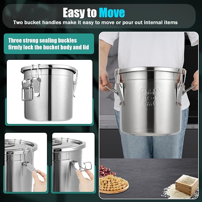 DYNAMI 304 Stainless Steel Airtight Canister for Kitchen, 3.2Gal/405oz Flour Container with Lid and Locking Clamp,10-21Lbs Metal Bucket Food Storage Container for Rice, Flour, Grain, Coffee Bean(12L)