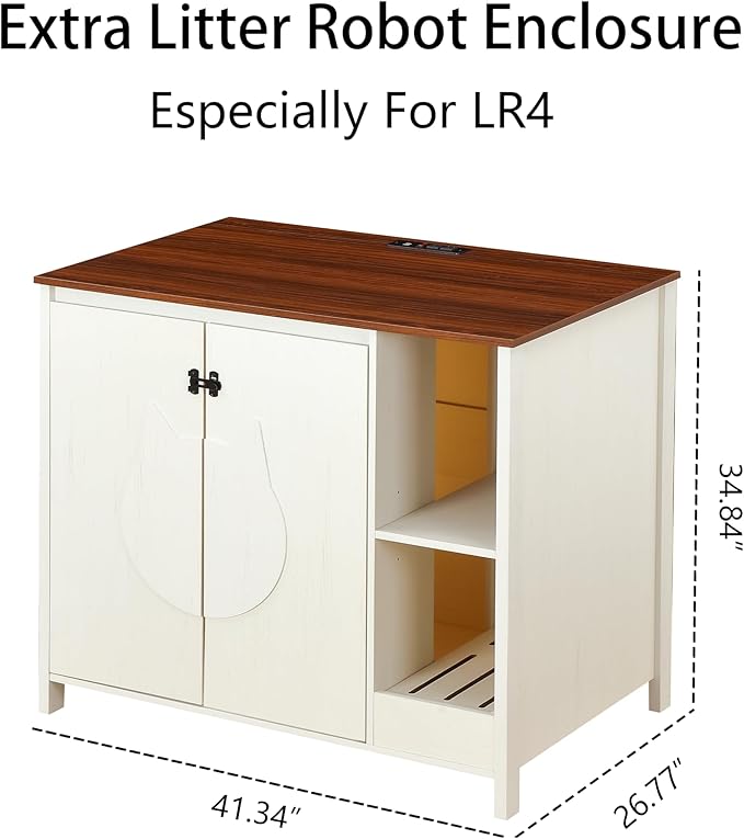 Cat-Faced Doors Cat Litter Robot Enclosure,Automatic Litter Box Enclosure for Litter Robot 3/4,Power Outlet for cat Litter Cabinet,Litter Collector,Dog-Proof Shelf,Antique White