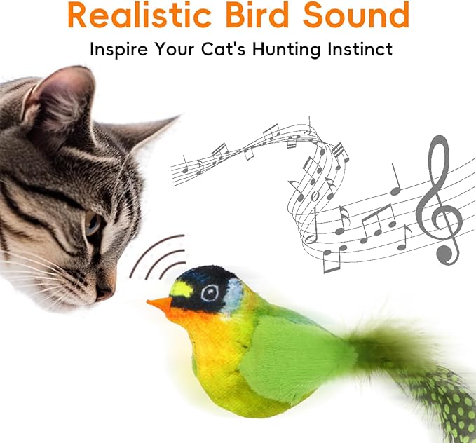 Natural Catnip Cat Toys Attract Cats to Play to Satisfy Cat's Natural Hunting Instintion Interactive Cat Toy with Lifelike Chirp Sound Box Kitten Toy Real Feather Birds Cats Toy (Red Bird)