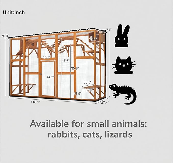 Merax 118 Inch Wooden Catio Outdoor Cat Enclosure,Large Luxury Kitty-House with 6 Jumping Platforms, 2 Bridges & Transparent PVC Roof, Kitty Kennel Condo Shelters and a Napping House, Natural