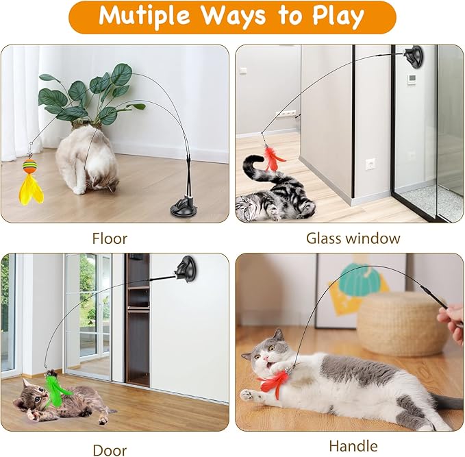 Cat Toys Wand, Interactive Cat Toy with Super Suction Cup Sticky Detachable 12 PCS Feather Replacements 2 Wands Cat Spring Feather Toys for Indoor Cats Kitten Toys (9 Toys Double Headed)