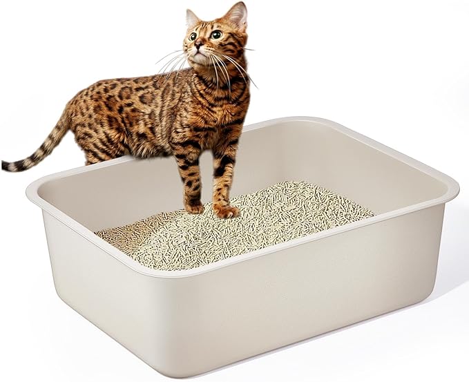 Stainless Steel Cat Litter Box - Metal High Sided Cat Pan, Large Khaki Gray Stainless Steel Box, Indoor Litter Tray, Non Stick, No Smell, Easy to Clean, Pet Toilet Supplies for Kitten, Kitty, Rabbit