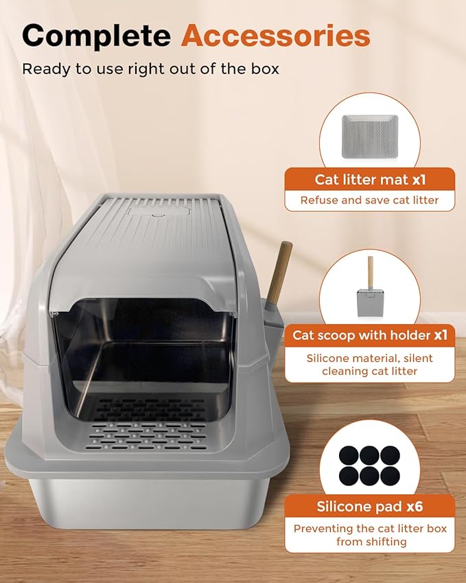 Stainless Steel Litter Box with Lid - Extra Large Cat Litter Boxes for Big Cats with Mat & Scoop - Anti-Leakage, Odor-Proof, High-Sided, Non-Stick＆ Easy to Clean - Ideal for Multi-Cat Homes - Gray