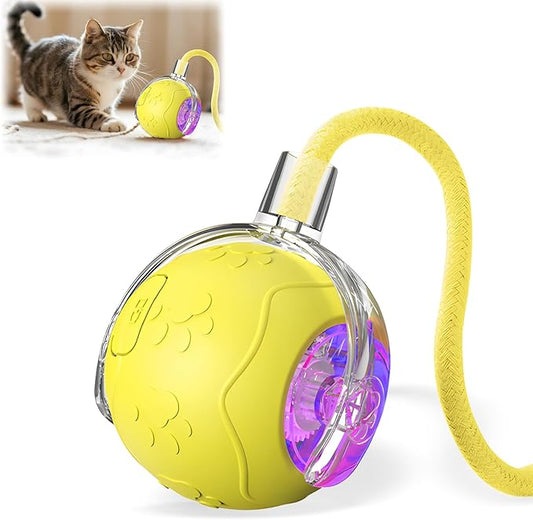 Interactive Cat Toys Ball for Indoor Cats, 2025 New Automatic Rolling Pet Balls with Rope, Three Modes Adjustment, Rechargeable Cat Enrichment Toys (Yellow)