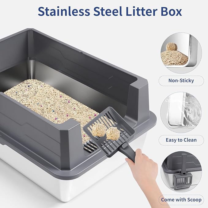 XXXL Stainless Steel Litter Box with Lid, Extra Large 28" L x 20" W x 17" H Enclosed Metal Cat Litter Box with Litter Scoop & Foot Pedal, Odor Control, Easy Cleaning for Big Cats (Dark Grey)