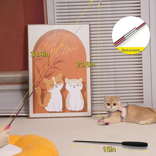 12-Pack Cat Wand Toys with Silvervine Sticks & Feather Refills – Interactive Adjustable Fishing Pole Toy for Indoor Cats, Bell & Elastic String – Durable Kitten Toys