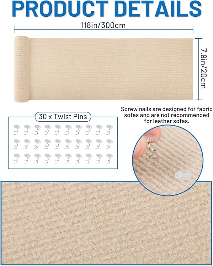 Cat Scratch Couch Furniture Protector, 78.7" x 15.8" Self-Adhesive Cat Scratch Mats, Trimmable DIY Cat Scratcher Pads for Wall, Couch Corner, Cat Tower and Replacement Pads (Khaki)