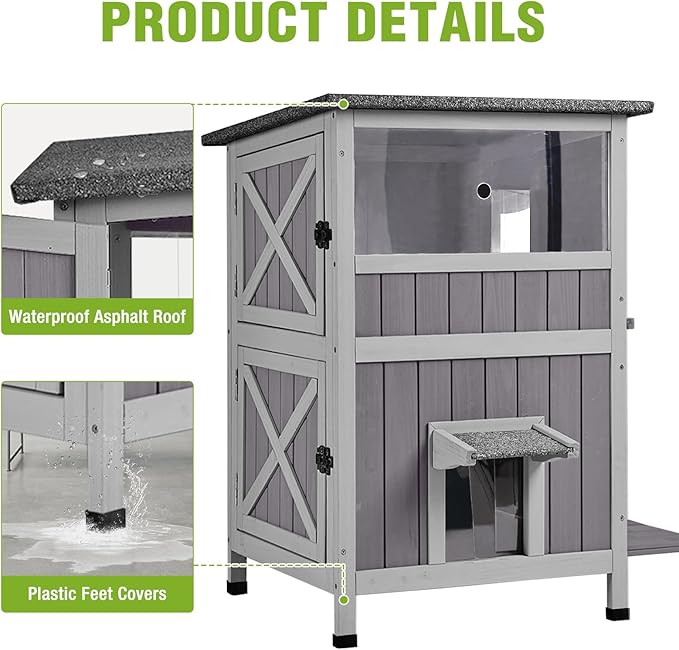 GUTINNEEN Outdoor Cat House Weatherproof with 2 Escape Doors and Window, 2-Storys Wooden Feral Cat Shelter with Asphalt Roof and Removable Floors, Cat Condo with 2 Large Side Doors for Easy to Clean