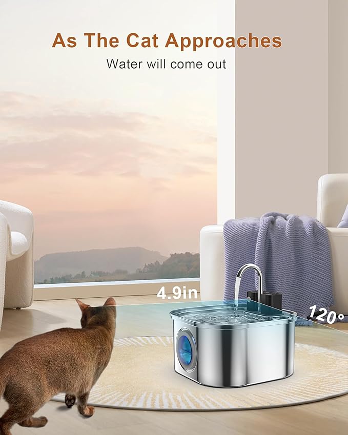 Stainless Steel Cat Water Fountain,108 oz/3.2 L Automatic Wireless Pet Water Fountain,Battery Operated Wireless Cat Fountain