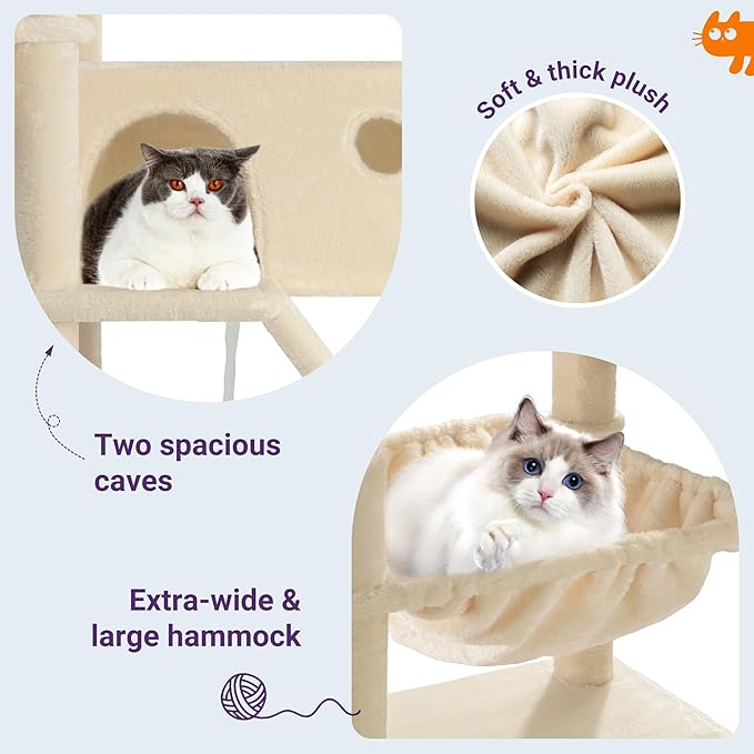 Allewie 81 Inches Tall Cat Tree/Multi-Level Large Climbing Tree House and Towers for Big Feline/Condo and Hammock/Scratching Post/Wide Base/Beige