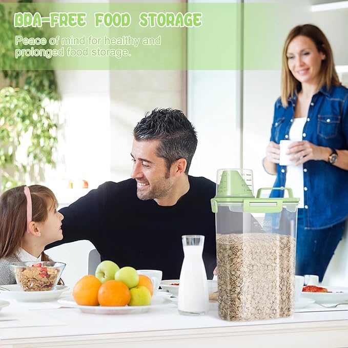 TBMax Rice Container Cereal Storage Container 2 Pack 5 Lbs, Plastic Kitchen Pantry Food Storage Container with Cup, Small Pet Dog Cat Food Dispenser -Green