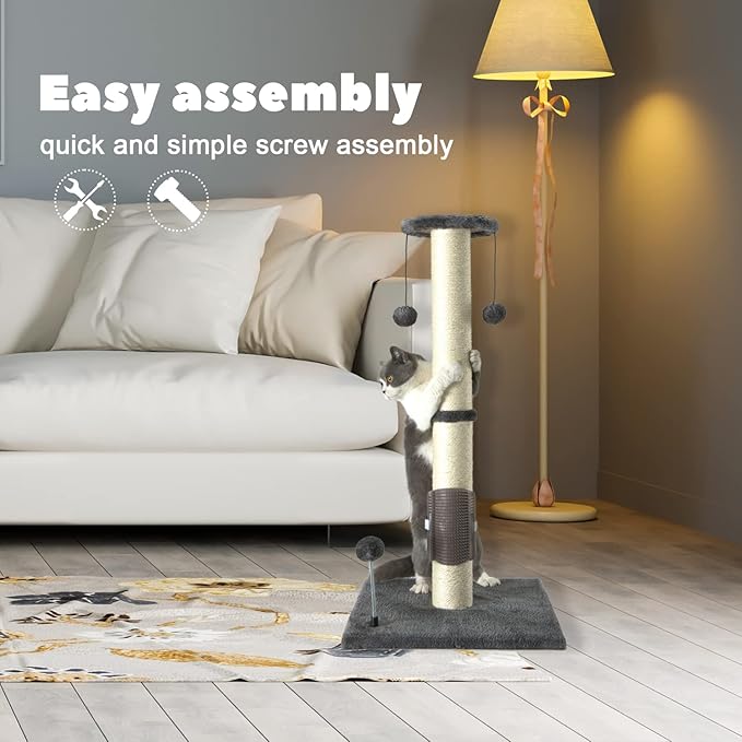 PEEKAB 32" Tall Cat Scratching Post Sisal Scratch Posts with Hanging Ball and Self-Massage Brush Vertical Scratcher for Indoor Cats and Kittens Gray 32inches