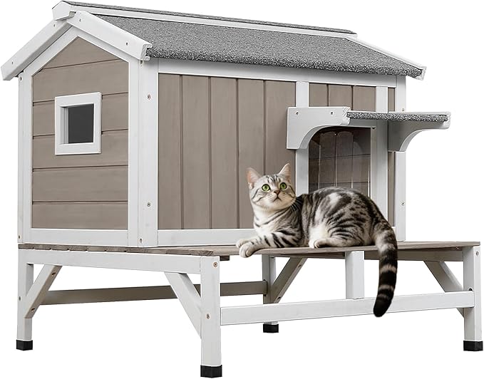 Cat Houses for Outdoor Cats with Balcony Weatherproof Outside Feral Cat Shelter, Wooden Pet House with Raised Base and Openable Asphalt Roof for Cats and Small Animals