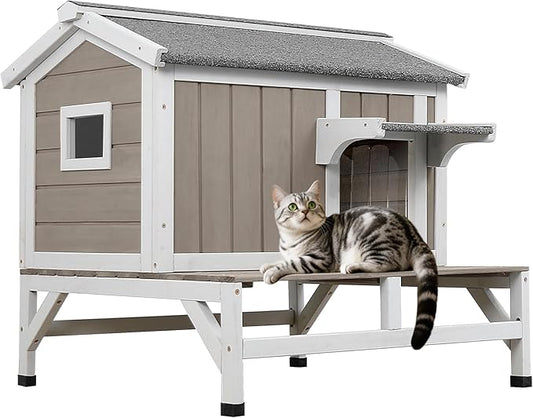 Cat Houses for Outdoor Cats with Balcony Weatherproof Outside Feral Cat Shelter, Wooden Pet House with Raised Base and Openable Asphalt Roof for Cats and Small Animals