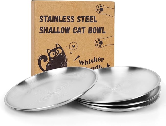 4-Pack Stainless Steel Cat Food Bowls – Shallow, Whisker-Friendly Non-Slip Silicone Base,Easy to Clean Indoor Feeding Dishes (6.7")
