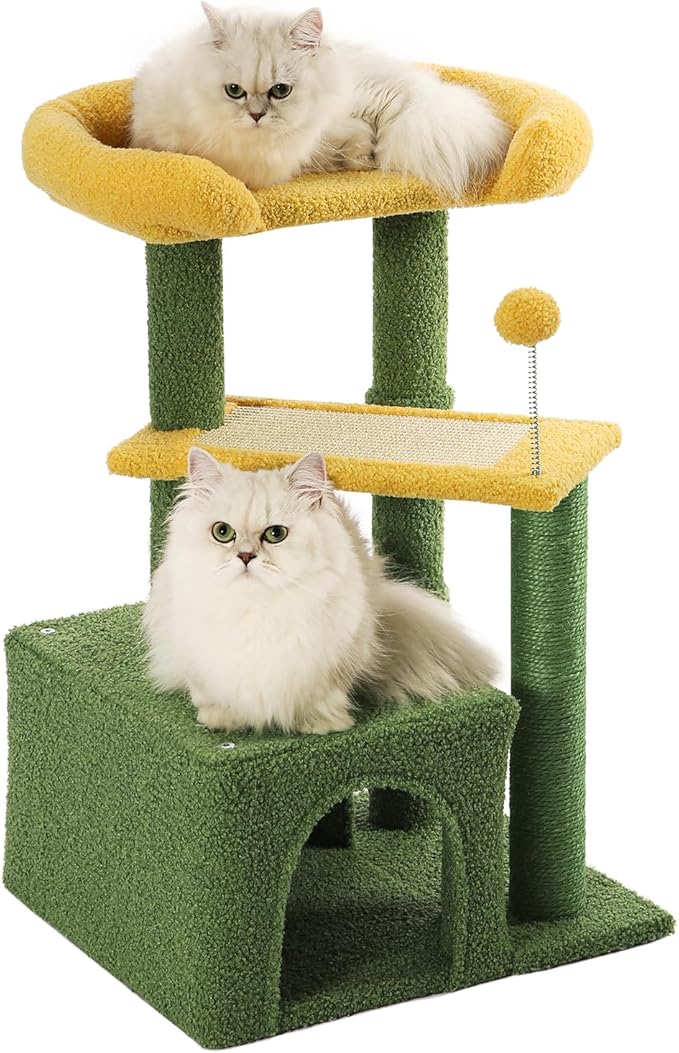 Made4Pets Cat Tree, Small Cat Tower for Indoors Cats, Cute Wood Kitty Condo with Scratching Post and Pad, 29" Multi-Level Modern Activity Climbing Furniture for Small and Medium Cats, Green